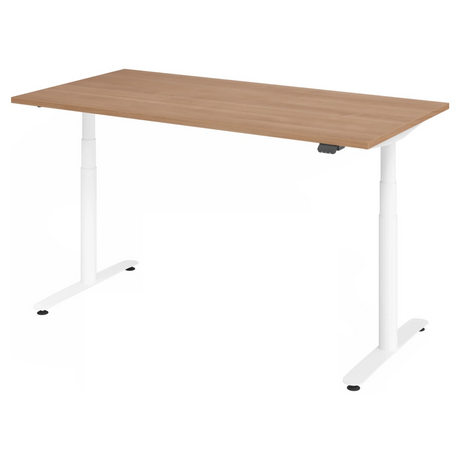 Bureau à hauteur réglable électriquement XDLR 16 W avec plateau en noyer et piètement blanc de hjh OFFICE PRO
