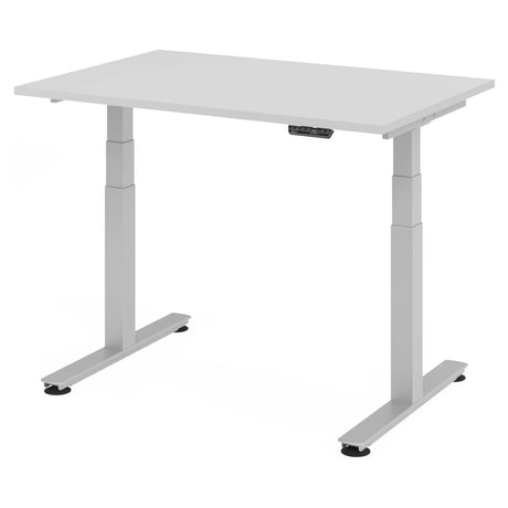 Bureau réglable en hauteur électriquement XDSM 12 S en gris avec panneau de commande sur le plateau de hjh OFFICE PRO
