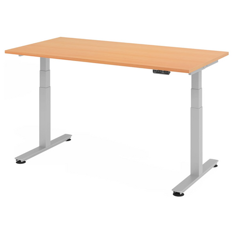 Bureau à hauteur réglable électriquement XDSM 16 S en hêtre avec structure argentée de hjh OFFICE PRO