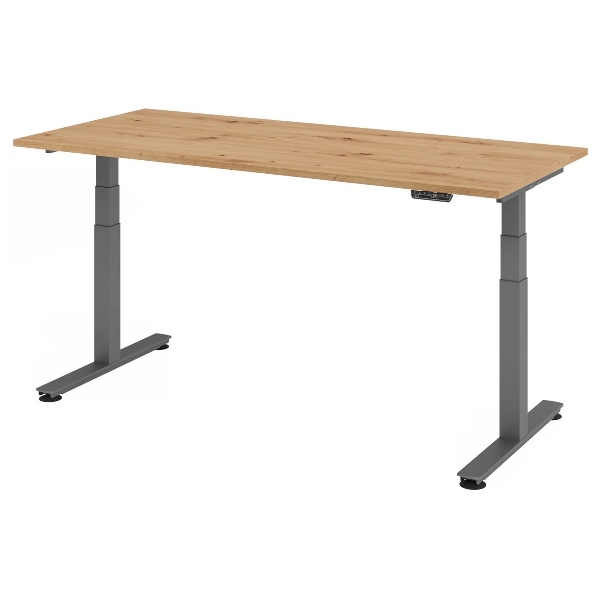 Bureau réglable en hauteur électriquement XDSM 19 G avec plateau en chêne rustique et piètement gris de hjh OFFICE PRO