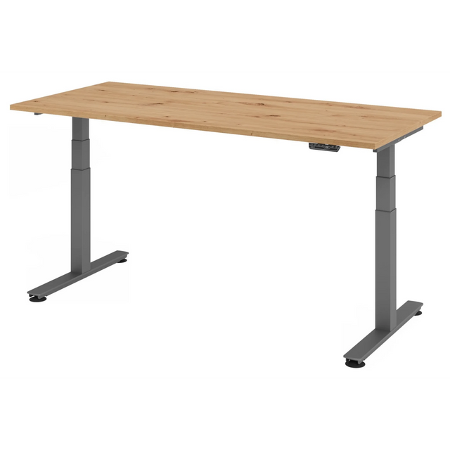 Bureau réglable en hauteur électriquement XDSM 19 G avec plateau en chêne rustique et piètement gris de hjh OFFICE PRO