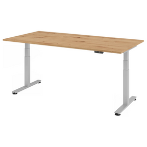 Bureau à hauteur réglable électriquement XDSM 2E S en chêne rustique avec structure blanche de hjh OFFICE PRO