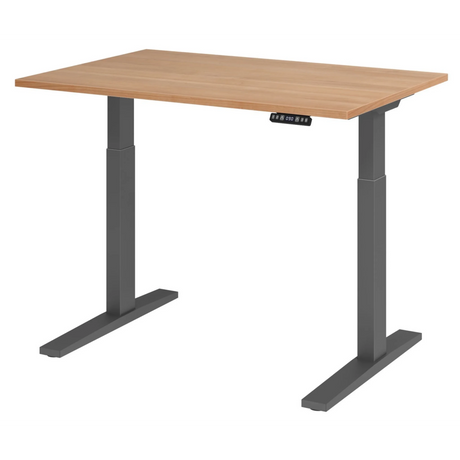 Bureau réglable en hauteur électriquement XMKA 12 G avec plateau en noyer et piètement gris foncé de hjh OFFICE PRO