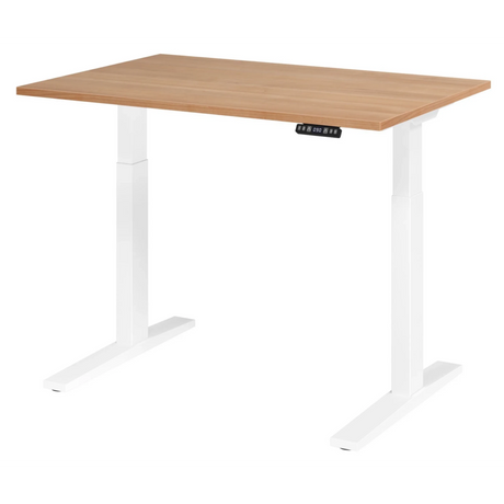Bureau à hauteur réglable électriquement XMKA 12 W avec plateau en noyer et piètement blanc de hjh OFFICE PRO