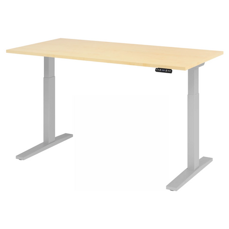 Bureau à hauteur réglable électriquement XMKA 16 S avec plateau en bois d'érable clair et structure argentée de hjh OFFICE PRO