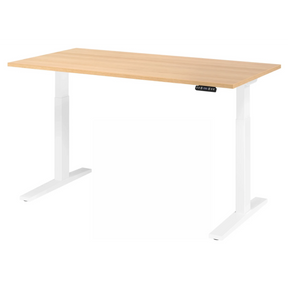 Bureau à hauteur réglable électriquement XMKA 16 W en chêne rustique avec piètement blanc de hjh OFFICE PRO