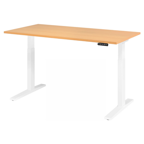 Bureau à hauteur réglable électriquement XMKA 16 W en hêtre avec piètement blanc de hjh OFFICE PRO