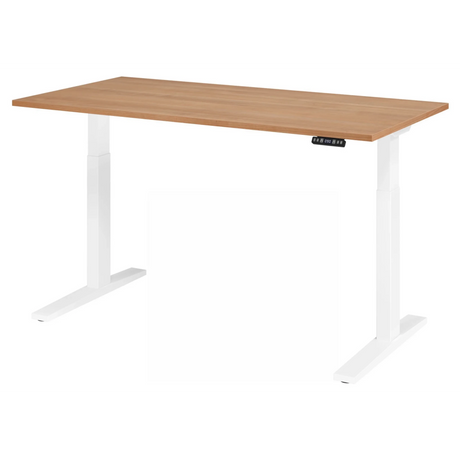 Bureau réglable en hauteur électriquement XMKA 16 W avec plateau en noyer et piètement blanc de hjh OFFICE PRO