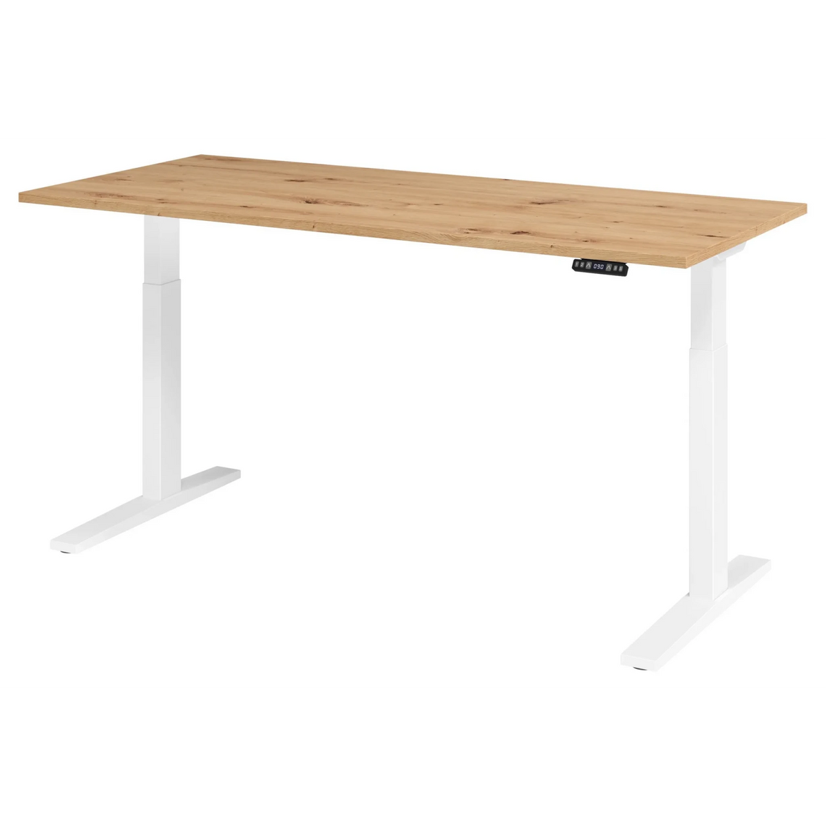 Bureau à hauteur réglable électriquement XMKA 19 W en chêne rustique avec piètement blanc de hjh OFFICE PRO