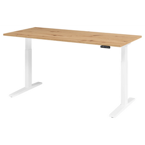 Bureau à hauteur réglable électriquement XMKA 19 W en chêne rustique avec piètement blanc de hjh OFFICE PRO
