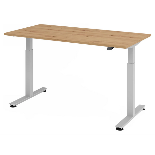 Bureau réglable en hauteur électriquement XMST 16 S en chêne rustique avec piètement blanc de hjh OFFICE PRO