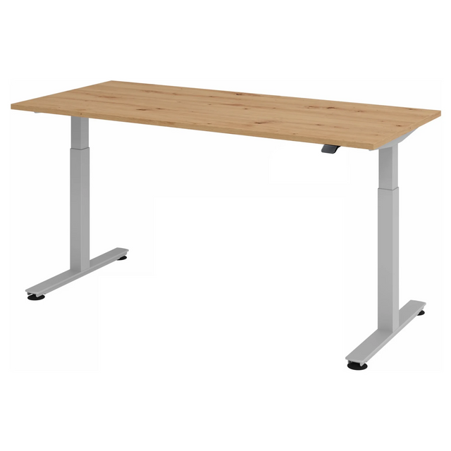 Bureau à hauteur réglable électriquement XMST 19 S en chêne rustique avec structure argentée de hjh OFFICE PRO
