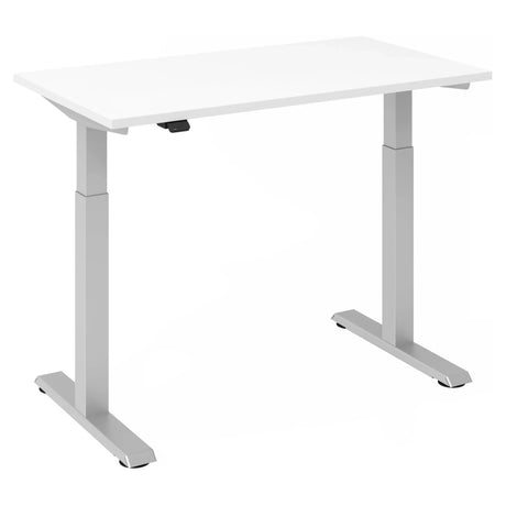 Bureau réglable en hauteur électriquement XMST 612 S en blanc et argent avec piétement en T de hjh OFFICE PRO