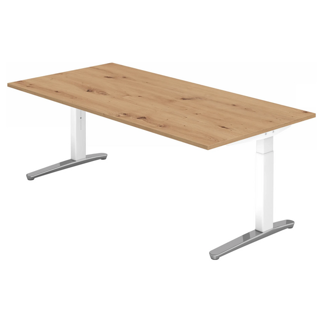Bureau réglable en hauteur XTRA XB 2E WC avec plateau en chêne rustique et pieds blancs de hjh OFFICE PRO